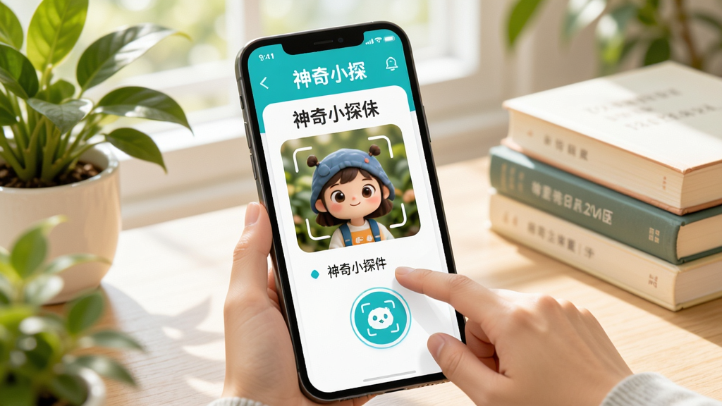 神奇小探软件在手机上运行的使用场景图,手指点击屏幕上的识别按钮,周围有植物和书籍,界面显示识别结果,整体风格明亮,画质清晰,突出“神奇小探”品牌,无多余元素
