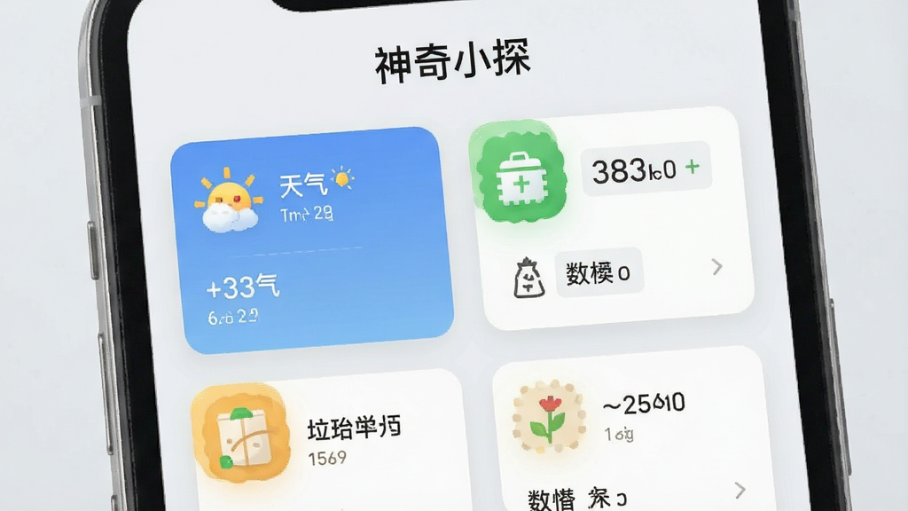 神奇小探软件数据查询功能展示图,手机屏幕显示天气、汇率、垃圾分类等卡片式模块,每张卡片有图标和简要数据,背景为浅灰色,界面清爽,文字标注“神奇小探”,画质干净无多余元素