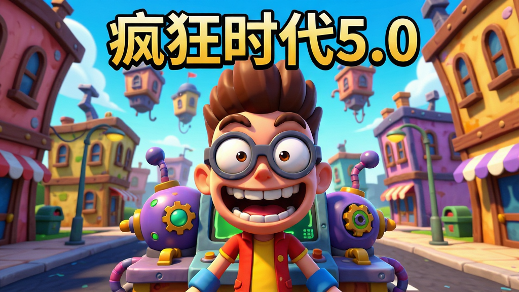 主体:游戏主界面截图,展示色彩鲜艳的卡通风格场景,一个主角站在奇怪装置前,布局:中央特写游戏角色,背景是扭曲的街道和悬浮建筑,排版:画面饱满,角色突出,文字“疯狂时代5.0”置于顶部,风格:卡通渲染,色彩明快,细节:光影丰富,角色表情夸张,画质:4K高清,干净,无多余元素