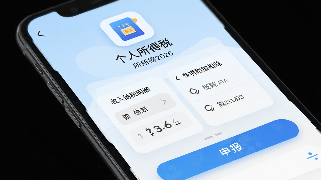 个人所得2026应用主界面展示,手机屏幕显示清晰的个税申报流程,背景为淡蓝色渐变,界面布局简洁明了,顶部有个人所得税图标,中间是收入纳税明细和专项附加扣除入口,底部有申报按钮,整体风格现代清新,细节丰富,画质干净,无多余元素