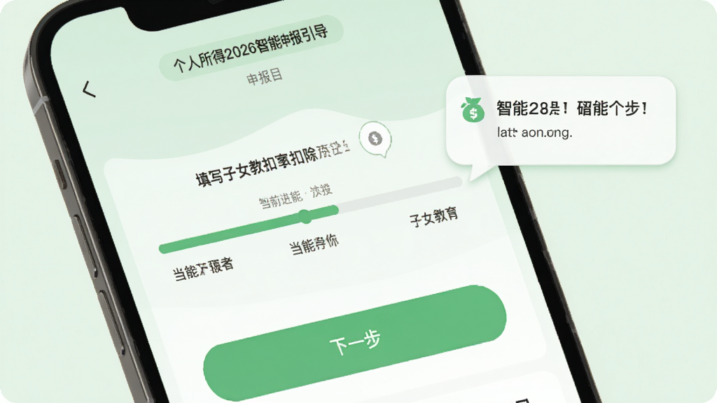 个人所得2026智能申报引导界面,手机屏幕上显示申报步骤进度条,当前步骤为填写子女教育扣除,界面有下一步按钮和提示气泡,背景为浅绿色,风格简洁友好,画质干净,无多余元素