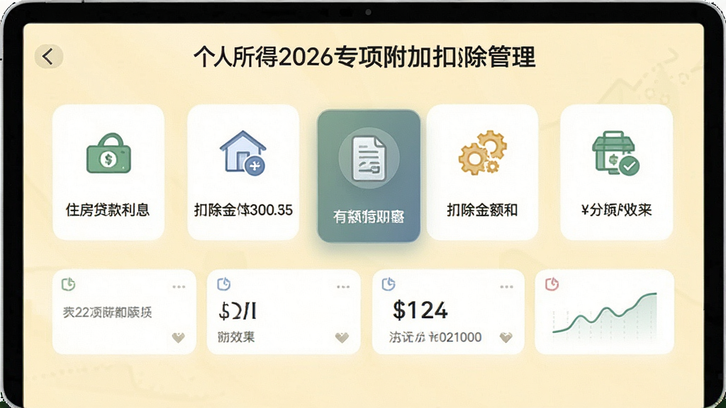 个人所得2026专项附加扣除管理页面,屏幕上列出六大扣除项目图标,住房贷款利息项目处于选中状态,下方显示扣除金额和有效期,背景为浅黄色,界面风格清爽,图标设计精致,画质干净,无多余元素