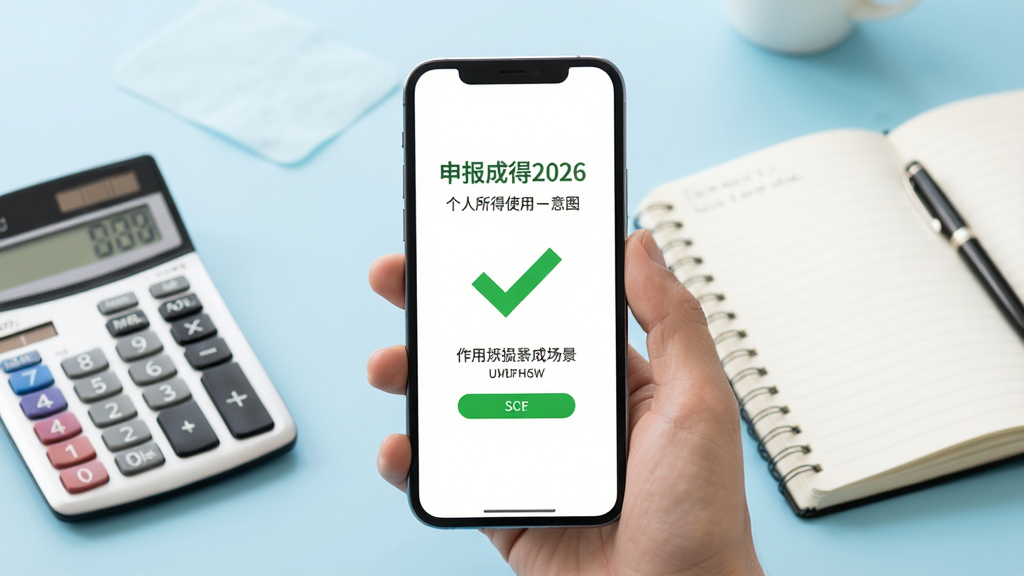 个人所得2026使用场景示意图,手机屏幕显示申报成功页面,绿色对勾图标,背景为浅蓝色,桌面有计算器和笔记本,整体风格干净明亮,画质清晰,无多余元素