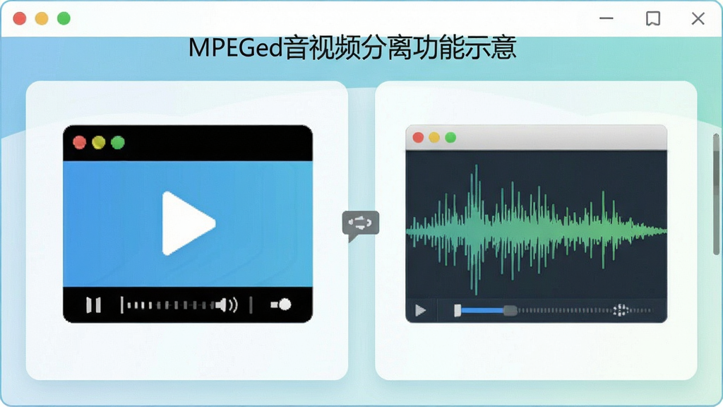 MPEGed音视频分离功能示意,展示视频文件与音频文件分离的图标,音频波形图清晰可见,界面设计直观,色调清爽,画质干净,无多余元素。