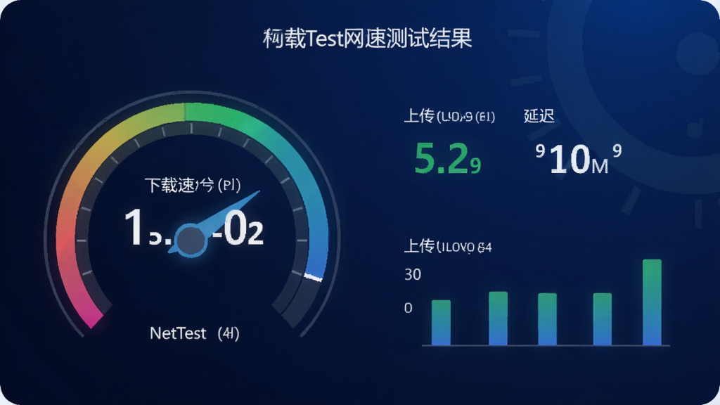 NetTest网速测试结果页面,显示一个大大的下载速度数值,旁边有上传速度和延迟数据,背景为深蓝色渐变,数据以彩色仪表盘和柱状图展示,整体风格科技感十足,画面干净,无多余元素