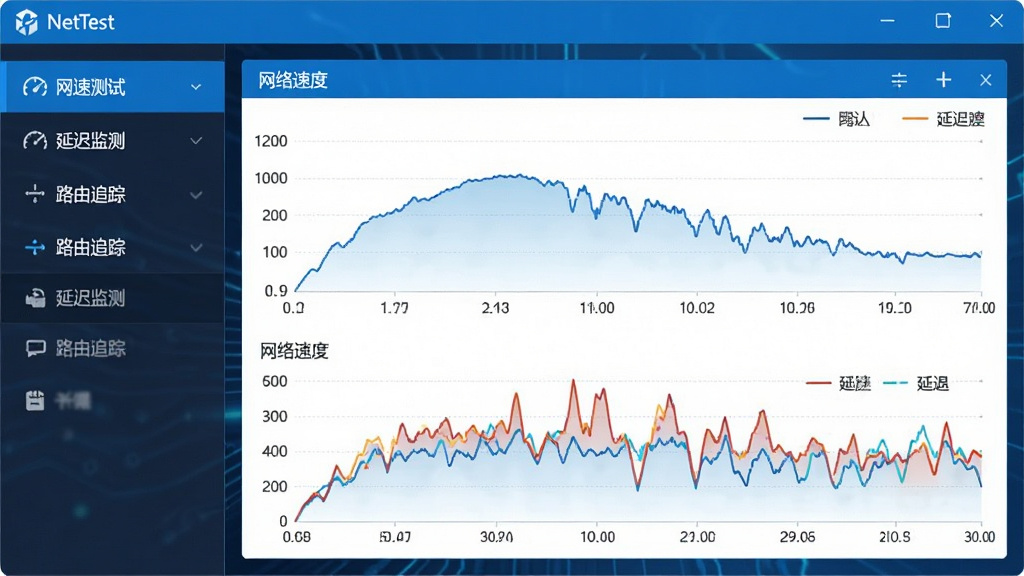 一张展示NetTest软件主界面的截图,界面左侧为功能导航栏,包含“网速测试”、“延迟监测”、“路由追踪”等选项,右侧为实时数据图表区域,显示网络速度曲线和延迟波动,整体风格简洁现代,蓝色科技感配色,界面文字清晰,画质干净,无多余元素
