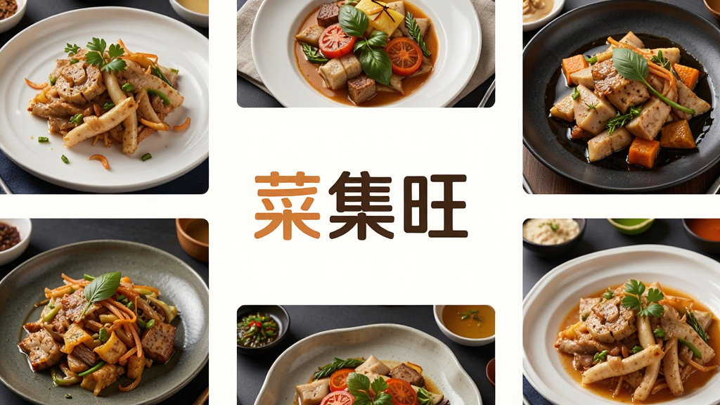 一幅现代简约风格的美食应用界面预览图,画面中央展示“菜集旺”品牌标识,周围环绕各类精致菜肴照片,界面布局清晰,色彩温暖明亮,风格干净整洁,突出应用的专业与便捷,画质高清,无多余元素。