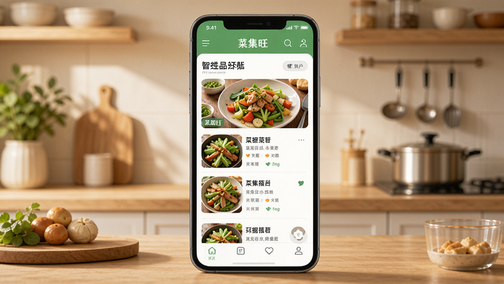 一幅展示“菜集旺”个性化推荐功能的界面图,画面中央是手机应用界面,显示根据用户偏好推荐的菜谱列表,背景为温馨厨房场景,色调柔和,构图清晰,风格现代,突出智能与贴心,画质高清无杂物。