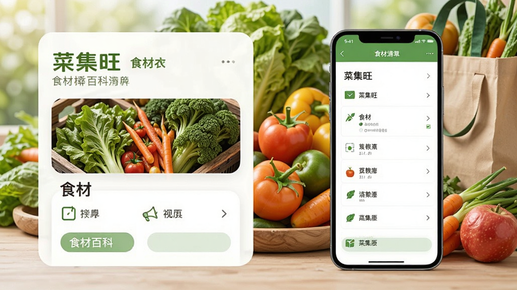 展示“菜集旺”食材百科与购物清单功能,画面左侧为食材信息卡片,右侧为手机清单界面,背景有新鲜蔬果和购物袋元素,布局清晰,风格清新自然,画质干净无多余元素。