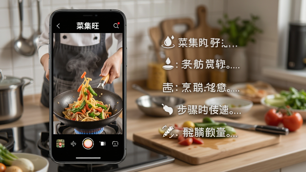 展示“菜集旺”烹饪教学视频界面,手机屏幕播放炒菜过程,旁边有步骤说明文字,背景为厨房操作台,画面生动,风格写实,突出教学实用性与清晰度,画质高清。
