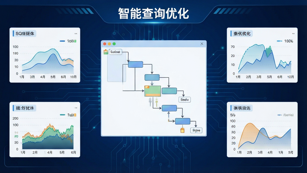一幅展示SQL Server智能查询优化功能的示意图,画面中央为一个查询执行计划图,周围环绕性能指标图表,背景为深蓝色科技感界面,风格现代简约,细节清晰,画质干净,无多余元素,文字标注