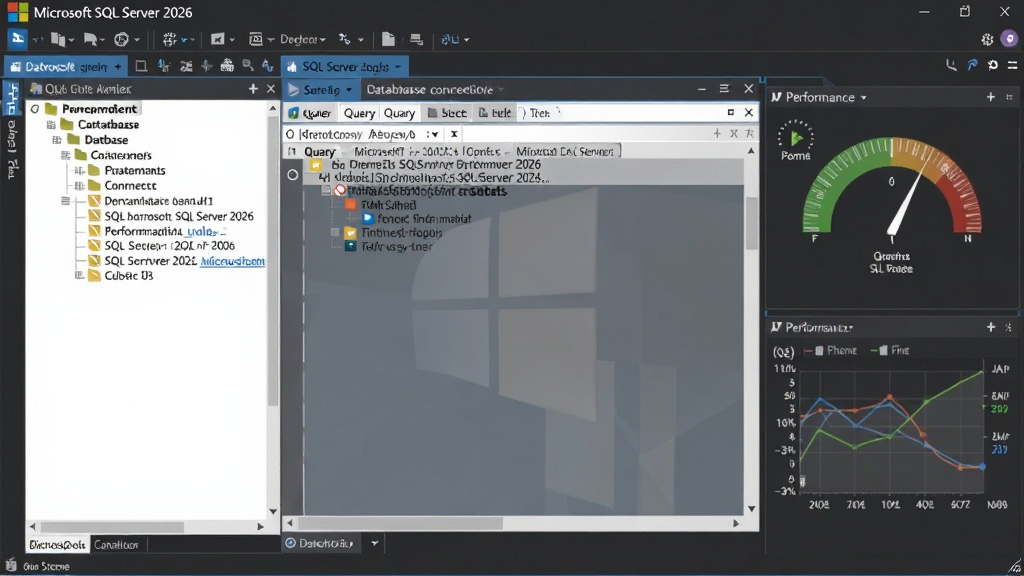 一幅展示Microsoft SQL Server 2026版主界面的高清截图,界面包含数据库连接树、查询编辑器窗口和性能仪表盘,整体布局清晰,现代深色主题风格,细节丰富,画质干净,无多余元素,文字标签显示