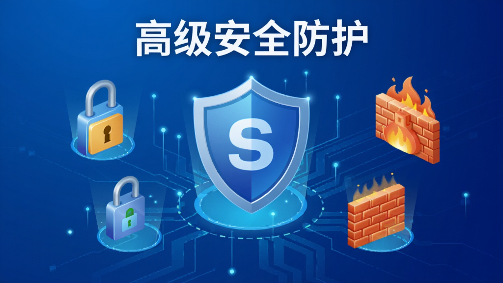 一幅展示SQL Server安全防护功能的宣传图,盾牌图标位于中央,周围环绕加密锁、用户认证和防火墙等元素,背景为蓝色渐变,科技感强,画质清晰,无多余元素,文字标注