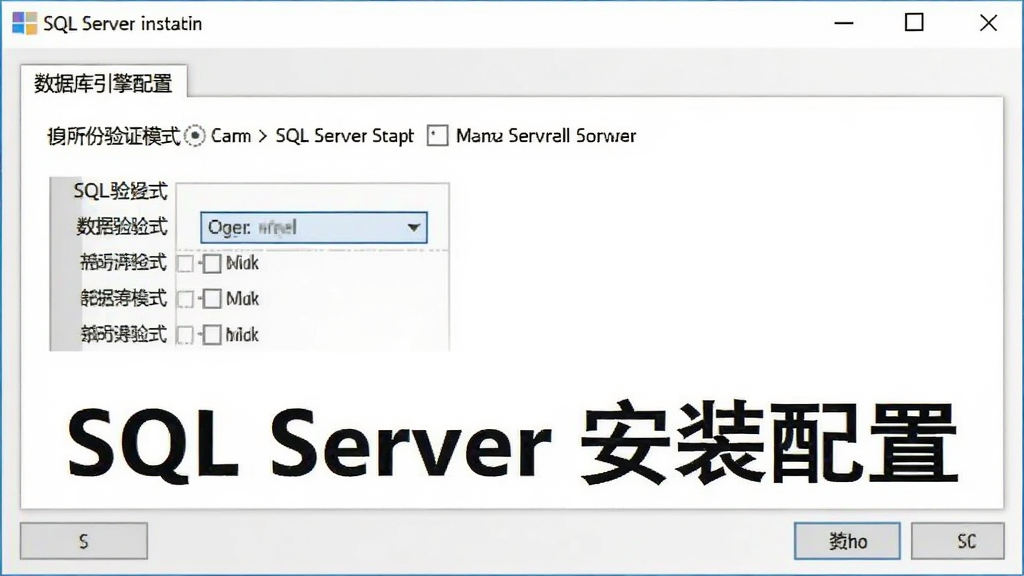 一幅展示SQL Server安装过程中配置界面的截图,画面显示“数据库引擎配置”选项卡,包含身份验证模式选择,背景为Windows安装向导风格,画质干净,无多余元素,文字标注