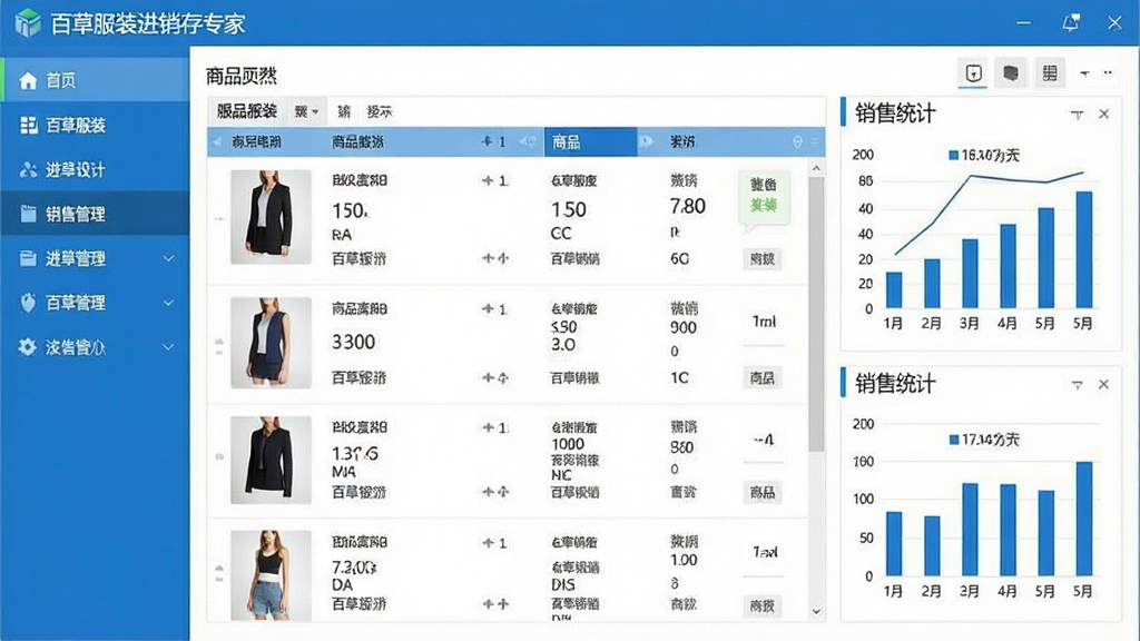 一张展示百草服装进销存专家软件主界面的高清截图,界面包含左侧功能导航栏、中央商品列表与右侧销售统计图表,整体风格简洁现代,色彩以蓝白为主,突出进销存数据管理核心,画质清晰,干净无多余元素,文字标注“百草服装进销存专家”