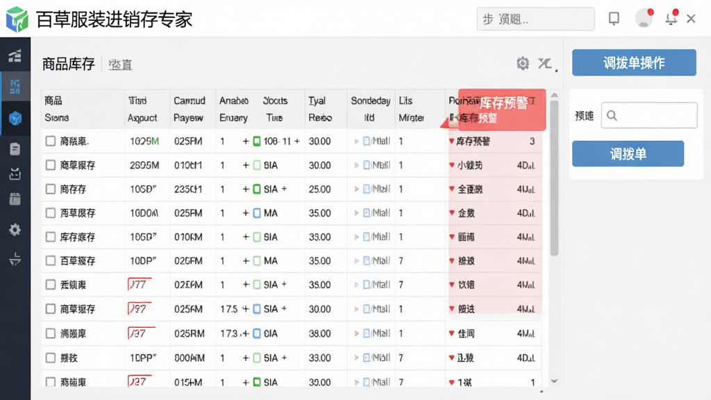 一张百草服装进销存专家库存管理功能的界面预览图,显示商品库存列表、库存预警红色标注、调拨单操作按钮,界面布局清晰,数据表格规整,风格商务简约,画质干净,无多余元素,文字标注“百草服装进销存专家”