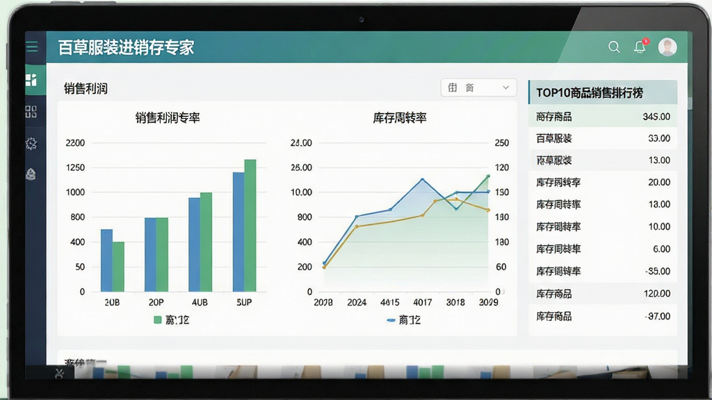 一张百草服装进销存专家财务报表中心的界面预览图,中央展示销售利润柱状图与库存周转率折线图,右侧为TOP10商品销售排行榜,界面配色清爽,图表数据清晰,风格商务大气,画质干净,无多余元素,文字标注“百草服装进销存专家”