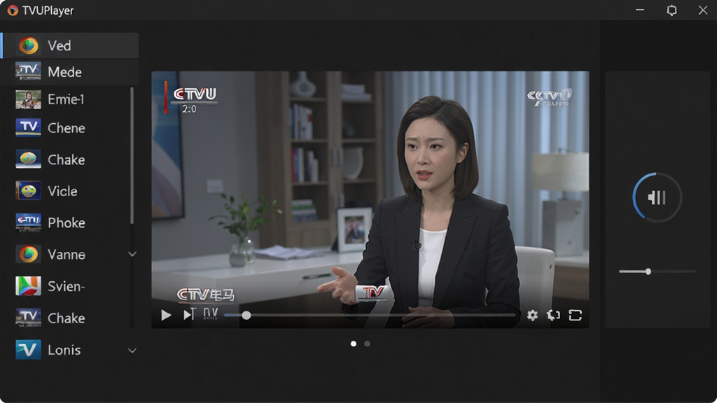 TVUPlayer软件主界面预览图,深色背景,中间是视频播放窗口,播放着清晰的电视节目画面,左侧是频道列表,右侧是音量控制,整体布局简洁现代,高清画质,细节丰富,干净无多余元素