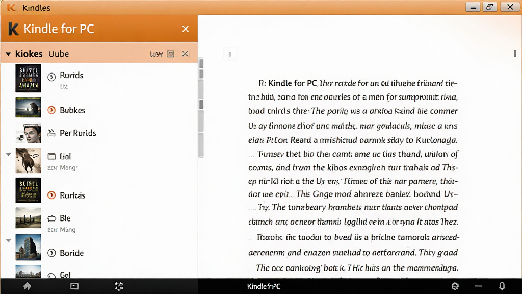 Kindle for PC主界面截图,左侧为书籍库列表,右侧为正在阅读的电子书页面,整体布局简洁清晰,采用亚马逊Kindle标志性的橙红色与白色色调,界面干净无多余元素,高分辨率,画质细腻,突出软件名称
