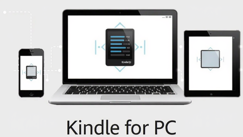 Kindle for PC同步功能示意图,画面中央有一台笔记本电脑,屏幕显示正在同步的动画图标,周围环绕手机和平板设备,体现多设备无缝衔接的概念,背景为浅灰色,风格简洁现代,软件名称