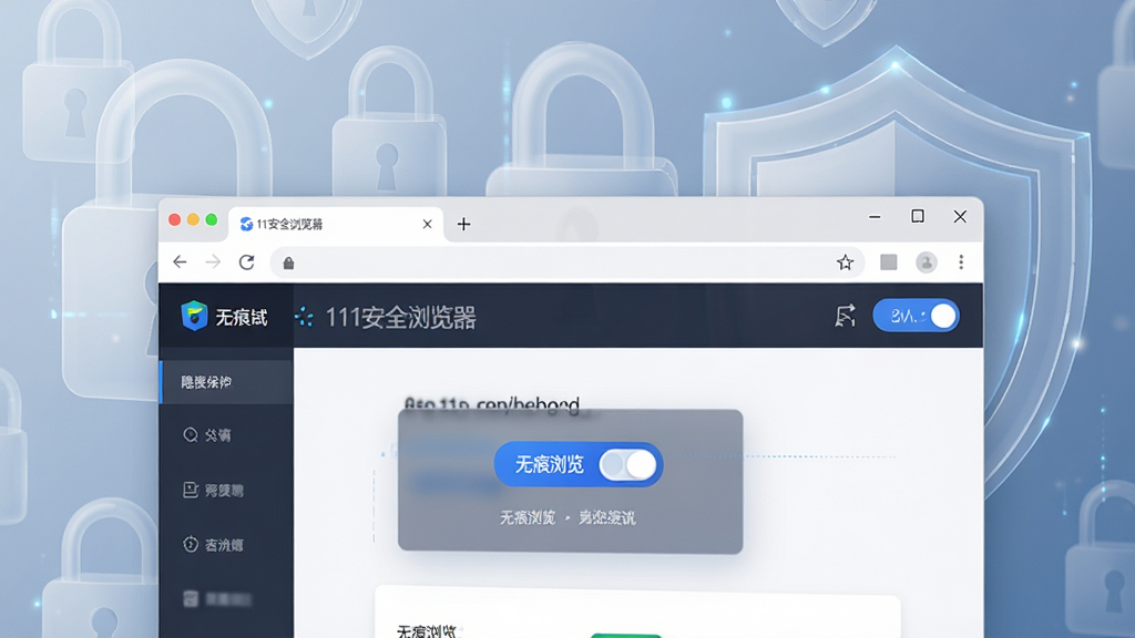 一张111安全浏览器隐私保护功能的宣传图,主体为浏览器界面中开启无痕模式的页面,背景为半透明的锁与盾牌图案,布局简洁,风格科技感,细节包括“无痕浏览”开关按钮,画质干净,无多余元素。