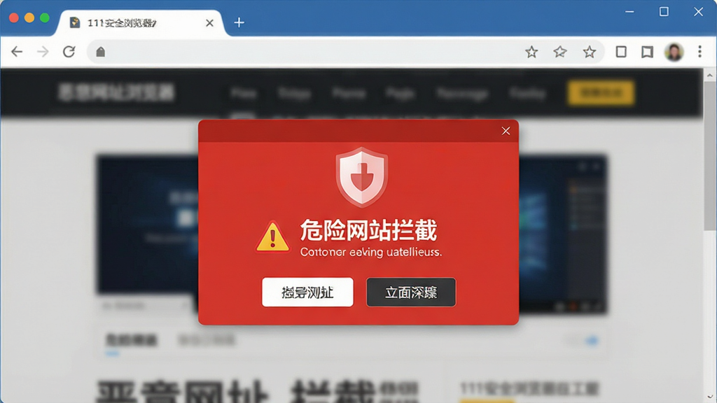 一张111安全浏览器恶意网址拦截功能的示意图,主体为浏览器窗口弹出红色警告弹窗,弹窗上显示“危险网站拦截”及盾牌图标,背景为模糊的网页内容,布局以弹窗为中心,风格警示醒目,细节包括警告标志和按钮,画质清晰,干净无多余元素。