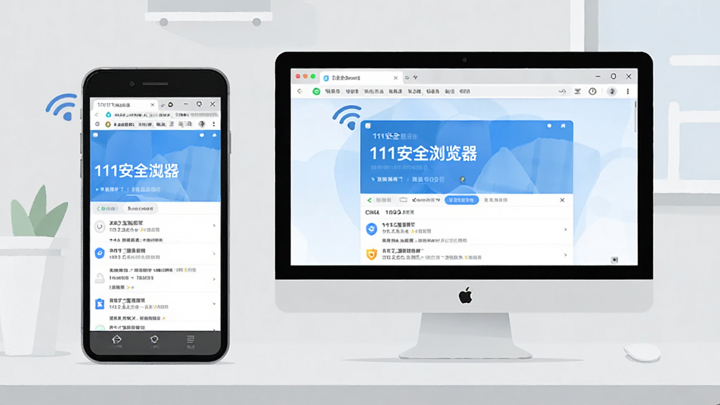 一张111安全浏览器使用场景的示意图,主体为一部手机和一台电脑并排,屏幕上均显示111安全浏览器的界面,背景为浅灰色工作台,布局整洁,风格简约,细节包括无线网络图标,画质干净,无多余元素。