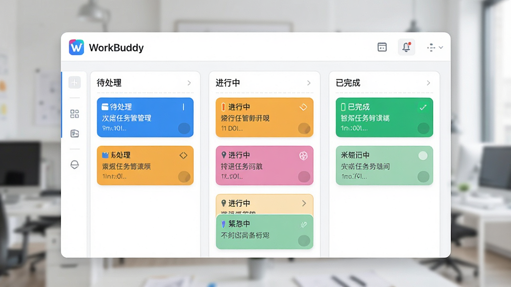 展示WorkBuddy智能任务管理功能的预览图,画面中央为任务看板,包含“待处理”、“进行中”、“已完成”三个列表,任务卡片色彩分明,左上角有“WorkBuddy”标志,整体界面干净明亮,风格简洁,画质清晰,无多余元素
