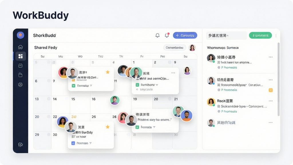 展示WorkBuddy团队协作界面的示意图,画面包含共享日历与评论区域,多个用户头像悬浮在任务卡片上,左上角有“WorkBuddy”字样,整体风格清爽,布局合理,画质细腻,干净无多余元素