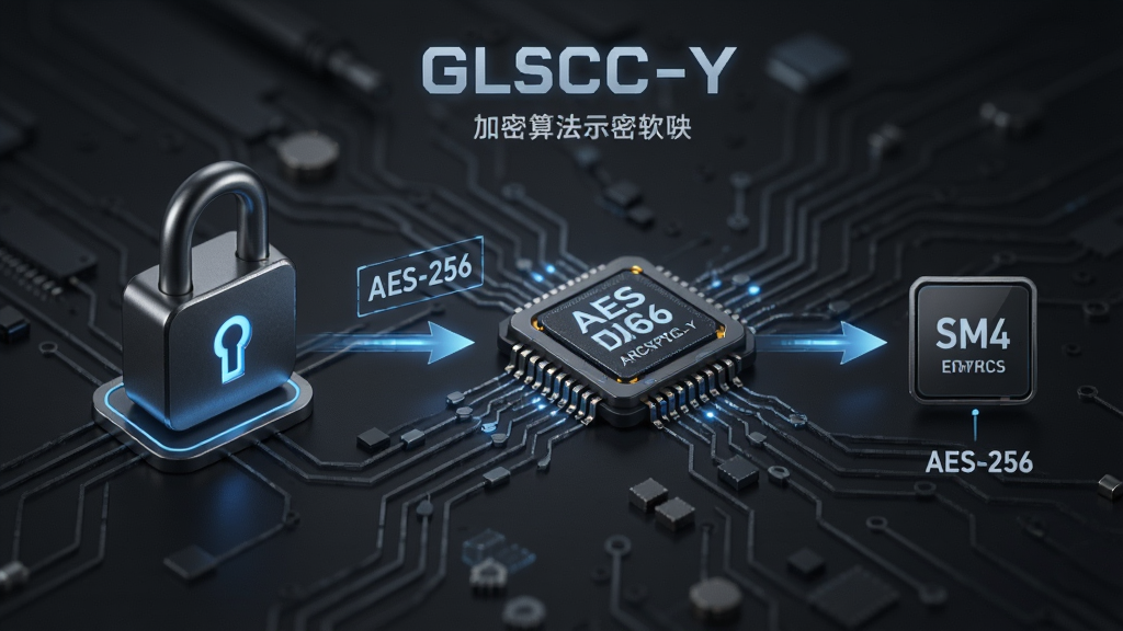 特工移动硬盘加密软件(GLSCC-Y)加密算法示意图,展示数据加密流程,包含锁形图标和加密芯片元素,背景为深灰色科技风格,文字标注“AES-256”和“SM4”,画面干净,细节丰富,画质高清