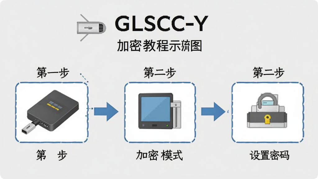 特工移动硬盘加密软件(GLSCC-Y)使用教程示意图,展示加密步骤流程,包含连接硬盘、选择加密模式、设置密码等步骤,背景为浅灰色,步骤用箭头连接,文字标注“第一步”、“第二步”,画质清晰,干净无多余元素