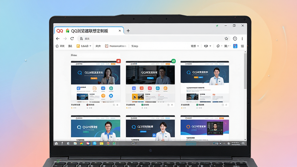 主体:QQ浏览器联想定制版主界面,联想笔记本电脑屏幕显示浏览器全屏页面,地址栏有“QQ浏览器联想定制版”字样。布局:居中构图,浏览器窗口占满屏幕,周围有柔和的渐变背景。排版:界面整洁,标签栏、地址栏、书签栏清晰可见。风格:现代科技感,扁平化设计,色彩明亮。细节:页面加载出丰富的网页缩略图,图标清晰,字体清晰。画质:8K超清,细节丰富,干净,无多余元素。