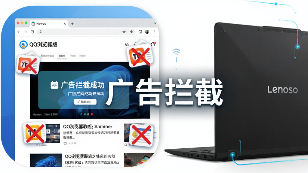 主体:QQ浏览器联想定制版图标与联想笔记本电脑,浏览器界面显示广告拦截成功提示。布局:左侧为浏览器窗口,右侧为联想电脑机身,中间有“广告拦截”字样。排版:视觉焦点集中在拦截提示上,周围有散落的广告图标被划掉。风格:科技感,简洁,对比鲜明。细节:浏览器界面显示干净无广告的新闻页面,联想logo清晰。画质:4K高清,色彩鲜艳,干净,无多余元素。