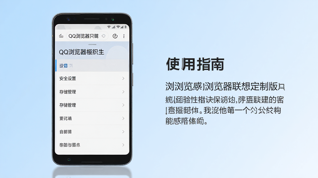 主体:QQ浏览器联想定制版在联想手机上运行,显示“使用指南”界面。布局:手机居中,屏幕显示浏览器设置菜单,右侧有文字说明。排版:手机与文字说明左右分布,背景为浅蓝色渐变。风格:清新,简约,教育性。细节:屏幕上有“安全设置”“存储管理”等选项,文字清晰。画质:高清,干净,无多余元素。