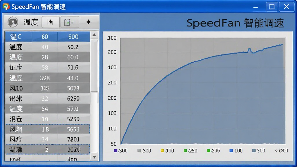 SpeedFan软件的风扇调速界面截图,左侧为温度列表,右侧为风扇转速曲线图,界面配色以蓝灰为主,简洁直观,文字标注