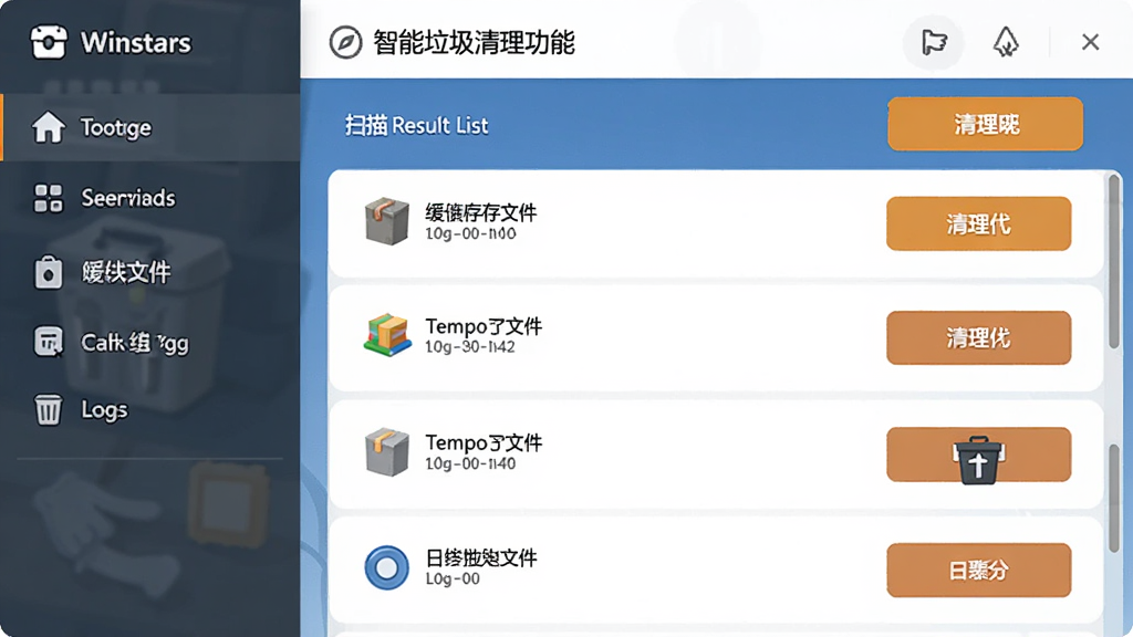 Winstars智能垃圾清理功能界面,展示扫描结果列表,包含缓存文件、临时文件、日志文件等分类,左侧为功能菜单,右侧为清理按钮,界面简洁清晰,风格扁平化,细节丰富,画质干净,无多余元素