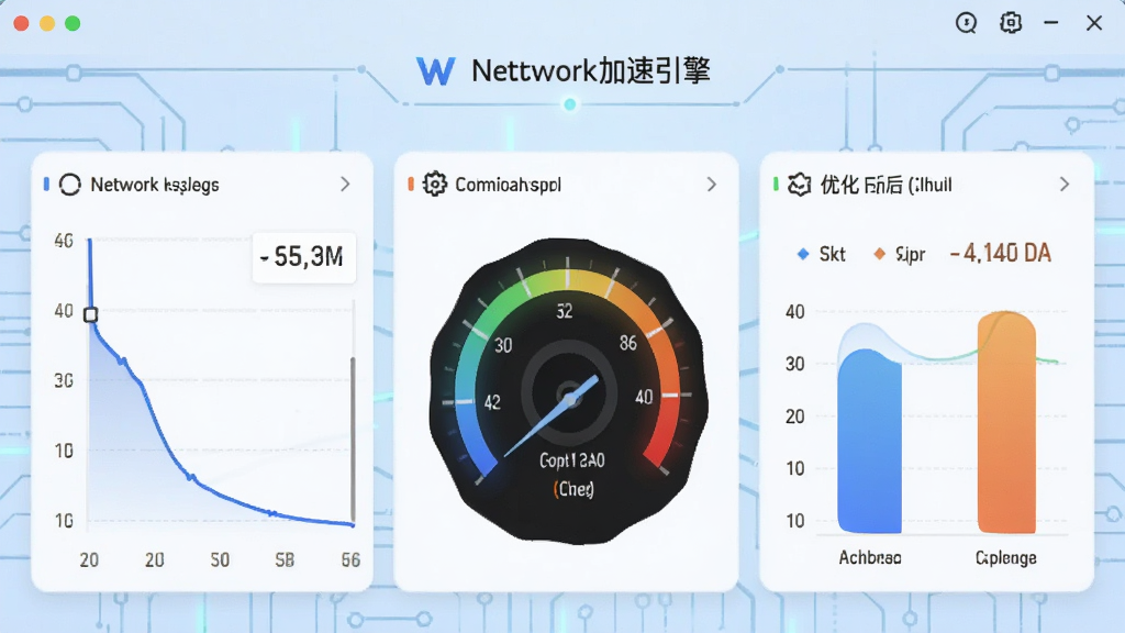 Winstars网络加速引擎界面,展示网络延迟曲线图、下载速度仪表盘、优化前后对比数据,背景为淡蓝色科技风格,图标精致,数据可视化直观,画质清晰,无多余元素