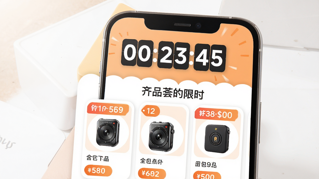 画面主体为手机屏幕展示齐品荟APP的限时秒杀页面,顶部有倒计时数字“00:23:45”,下方排列多款商品折扣标签,背景为浅橙色与白色拼接,促销氛围强烈,界面采用圆角卡片设计,字体醒目,画质高清,干净整洁,无多余元素