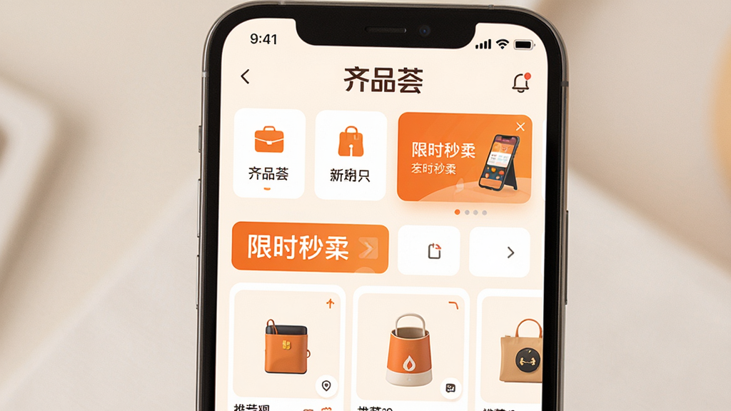 画面主体为一部智能手机屏幕展示齐品荟APP首页,屏幕上方显示“齐品荟”品牌字样,首页布局清晰展示商品分类图标、限时秒杀横幅与推荐商品卡片,整体采用暖白背景搭配橙色点缀,扁平化设计风格,画面干净明亮,排版整齐有序,细节精致,画质高清,无多余元素