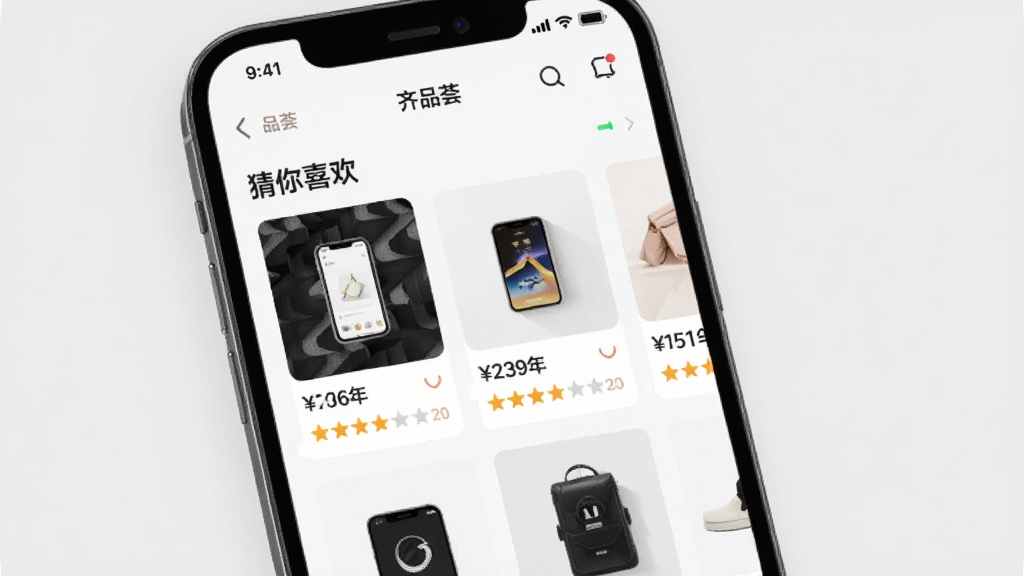 画面主体为手机屏幕展示齐品荟APP的“猜你喜欢”推荐板块,屏幕中显示多张商品图片整齐排列,每张图片下方标注价格与评价星级,背景为淡灰色,界面简洁明快,采用卡片式布局,整体风格现代简约,画质清晰干净,无多余元素