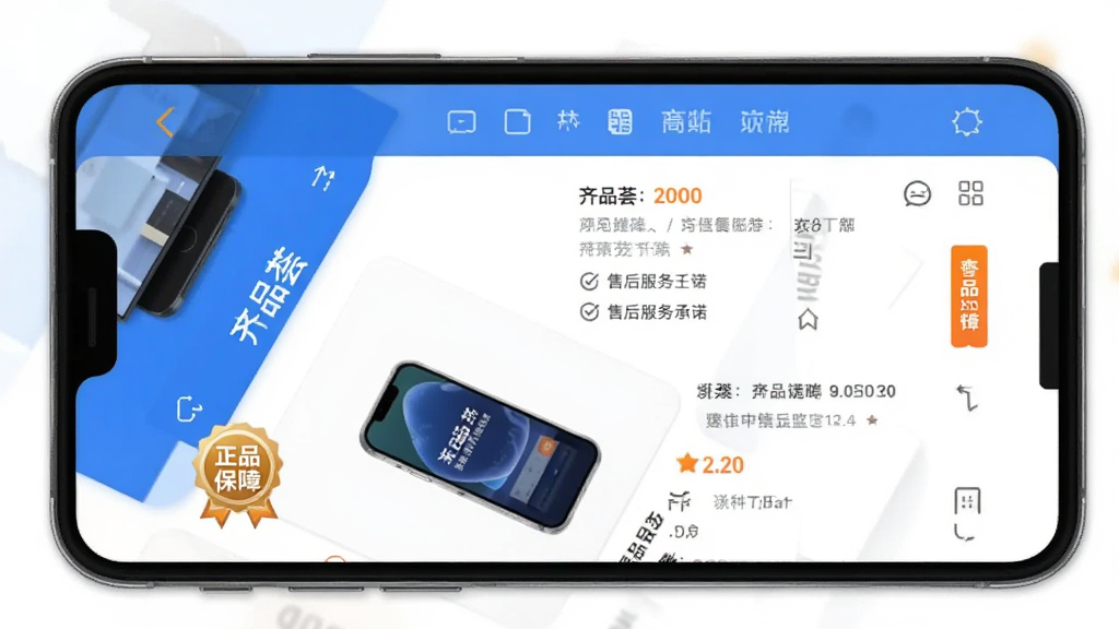 画面主体为手机屏幕展示齐品荟APP商品详情页,页面显示“正品保障”徽章与售后服务承诺文字,背景为白色,商品图片清晰,界面布局规范,采用蓝色与橙色点缀,整体风格专业可信,画质干净无多余元素