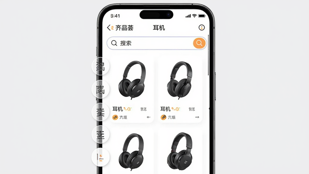 画面主体为手机屏幕展示齐品荟APP搜索结果页,搜索框内显示“耳机”,下方排列多款耳机商品图片,左侧有筛选标签栏,背景为浅灰色,界面清晰,采用列表布局,风格简洁实用,画质高清,无多余元素