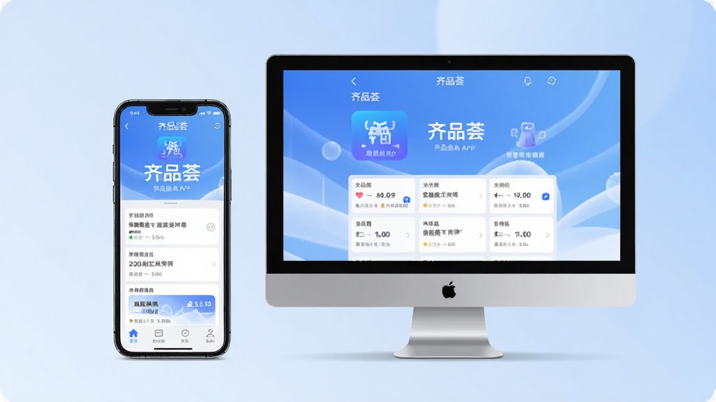 画面主体为一部手机与一台电脑并排摆放,屏幕中同时显示齐品荟APP界面,背景为浅蓝色渐变,构图平衡,风格现代科技感,细节丰富,画质清晰干净,无多余元素