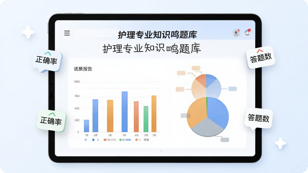 图片主体为一块平板电脑展示“护理专业知识鸣题库”的学习报告页面,屏幕上是彩色柱状图与饼图,周围飘浮着“正确率”“答题数”等小图标,背景为淡蓝色渐变,采用居中构图,简洁商务风格,画质高清,无多余元素,图片中文字显示“护理专业知识鸣题库”