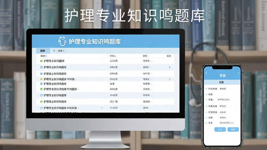 图片主体为电脑与手机并排显示“护理专业知识鸣题库”的题库列表界面,左侧电脑屏幕展示试题列表,右侧手机显示答题页面,背景为模糊的医学书籍书架,采用对称式布局,科技感扁平风格,以浅蓝色为主色调,画质干净明亮,图片中文字显示“护理专业知识鸣题库”