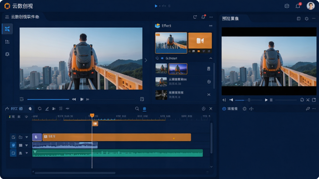 云数创视软件主界面预览图,展示视频编辑时间线、特效面板与预览窗口,界面简洁现代,色彩以深蓝和亮橙为主,布局清晰,图标精致,画质高清,干净无多余元素