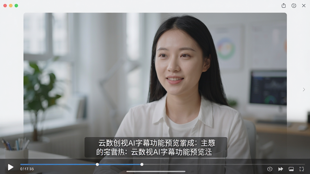云数创视AI字幕功能预览,视频画面下方显示自动生成的中文字幕,字幕样式美观,时间轴对齐精准,界面简洁,画质清晰,干净无多余元素