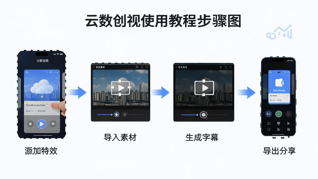 云数创视使用教程步骤图,展示导入素材、添加特效、生成字幕、导出分享的流程,图文并茂,步骤清晰,界面明亮,画质干净