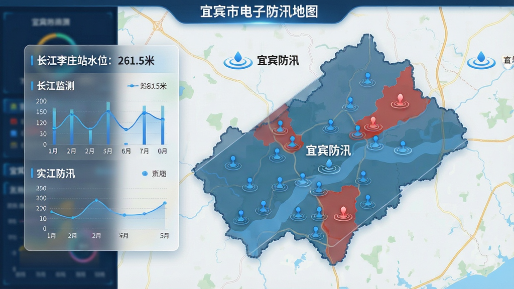 主体:一张动态更新的宜宾市电子防汛地图,地图上分布着多个蓝色水位监测点与红色预警区域。布局:地图占据画面主要部分,左侧悬浮数据面板显示“长江李庄站水位:261.5米”等实时数据。排版:数据面板采用半透明毛玻璃效果,图表与地图图层层次分明。风格:专业GIS地图风格,结合现代数据可视化设计,色彩搭配舒适。细节:地图上标注“宜宾防汛”字样与水波纹图标,画质:高清,干净,无多余元素。