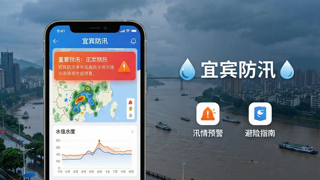 主体:手机屏幕展示“宜宾防汛”APP主界面,界面风格简洁清晰,背景为暴雨中的长江宜宾段与江边城市。布局:手机位于画面中央偏左,右侧留白处显示“宜宾防汛”中文字样与水滴图标,下方有“汛情预警”、“避险指南”等菜单图标。排版:采用扁平化设计,信息层级分明,重要预警信息以红色卡片置顶。风格:现代科技感与民生服务结合,色调以蓝色和白色为主,辅以橙色警示色。细节:屏幕内可见降雨量分布地图与水位线图表,画质:高清渲染,干净,无多余元素。